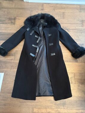 Mackage Black Wool Trench Coat with Fur Trim